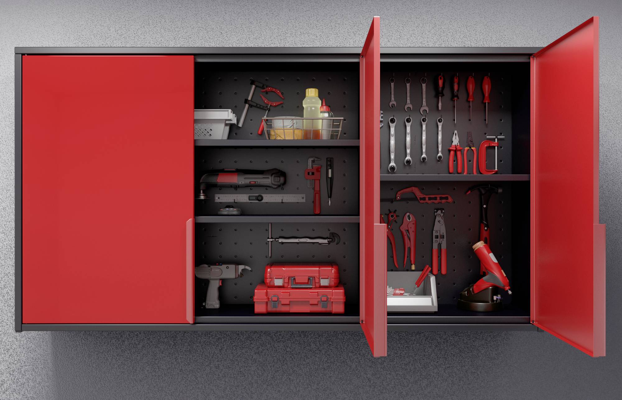 Un mobile pensile aperto con ante rosse mostra attrezzi da lavoro ordinatamente disposti, tra cui chiavi, pinze e un cassetta degli attrezzi rossa sui ripiani.