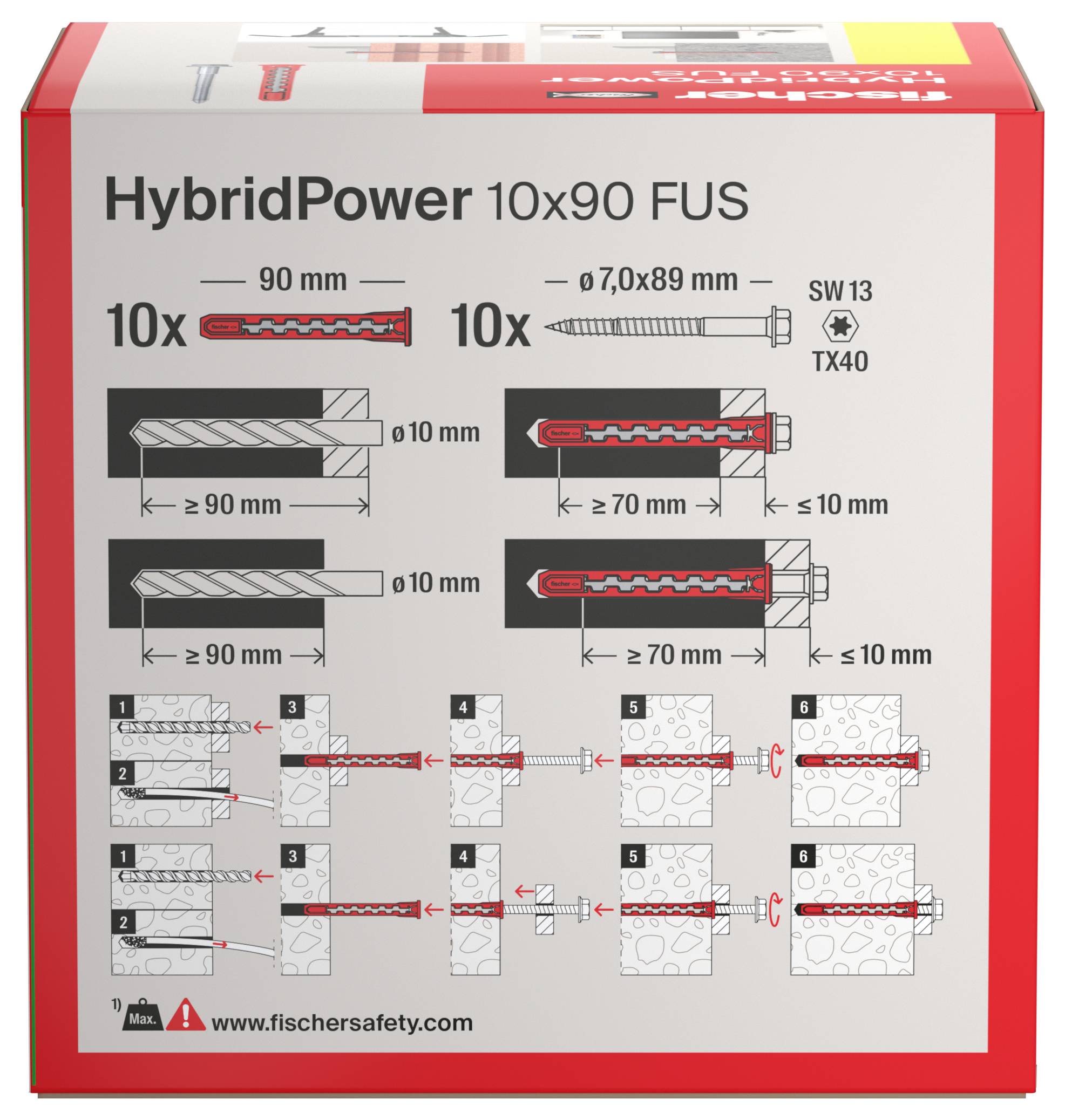 Kit di ancoraggio Fischer HybridPower 10x90 FUS, illustra i passaggi di installazione con misure per materiali in calcestruzzo e pietra.