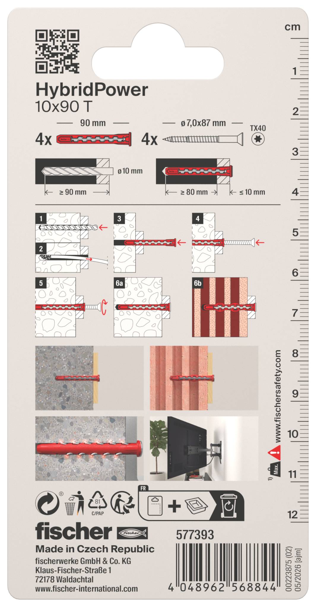 Etichetta di imballaggio per tasselli da parete Fischer HybridPower 10x90 T, che mostra quattro tasselli, dimensioni della punta, fasi di installazione e codice a barre del prodotto.