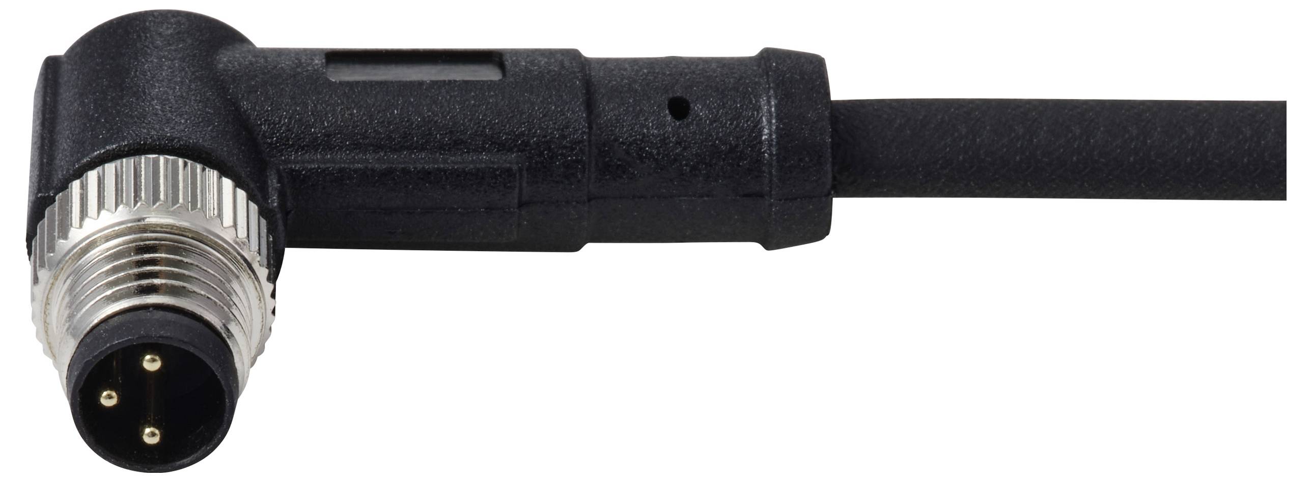 Un connettore elettrico nero a forma di L con filettatura metallica a vite e quattro pin, progettato per l'uso in attrezzature industriali o tecniche.