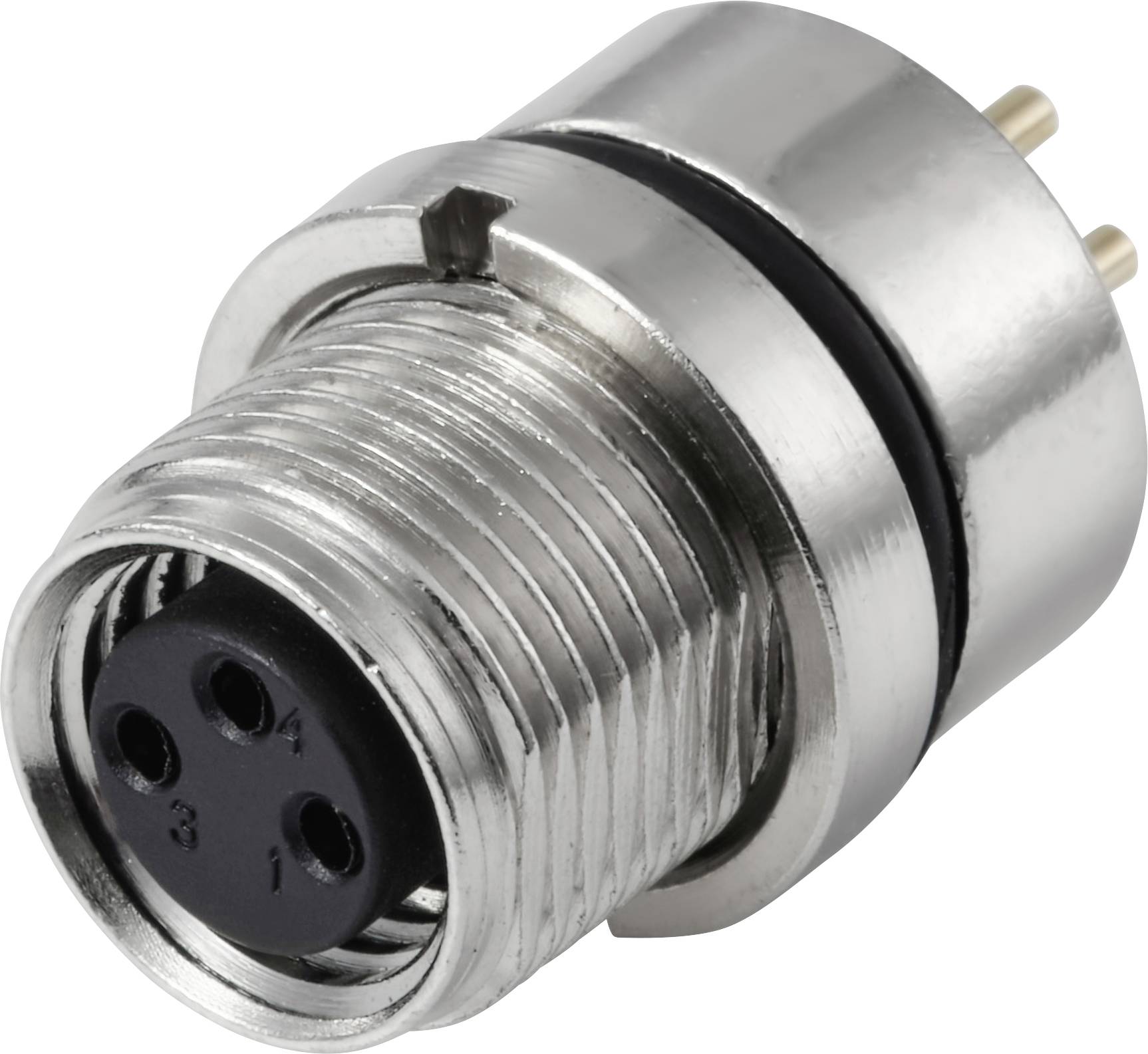 Un connettore metallico con quattro fori per pin etichettati da 1 a 4, utilizzato per dispositivi elettronici, che mostra filettature per viti e due pin dorati sul retro.