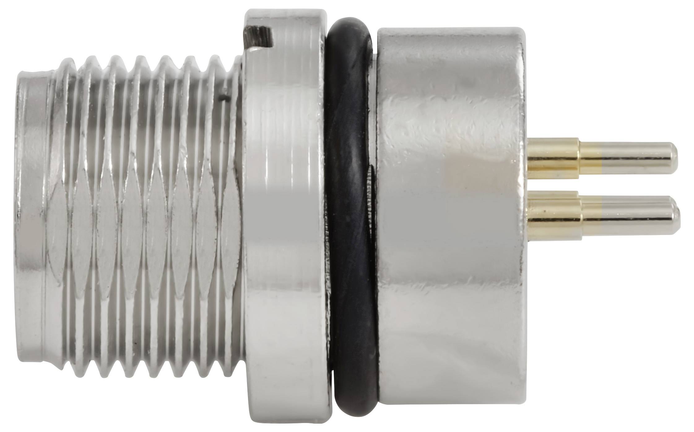 Un connettore elettrico cilindrico metallico con due pin dorati e un anello nero, idoneo per applicazioni industriali.