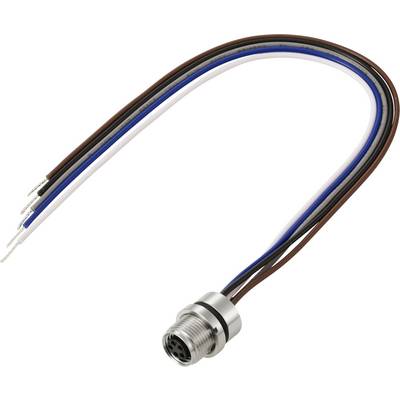 Un connettore cilindrico con quattro fili che si estendono: marrone, blu, bianco e nero. Utilizzato per connessioni elettriche in ambienti industriali.