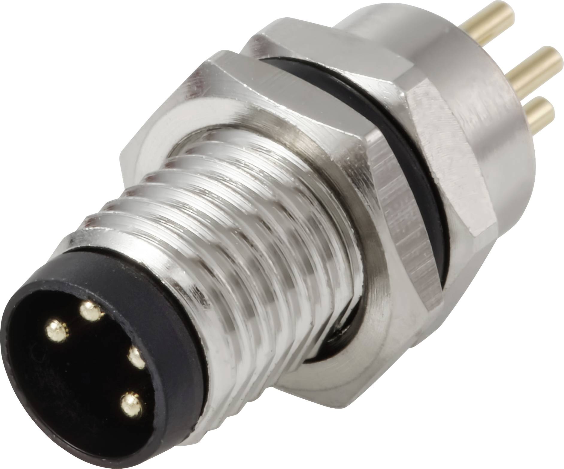 Connettore metallico con più piedini e una sezione filettata per un fissaggio sicuro, utilizzato in elettronica per connessioni affidabili.