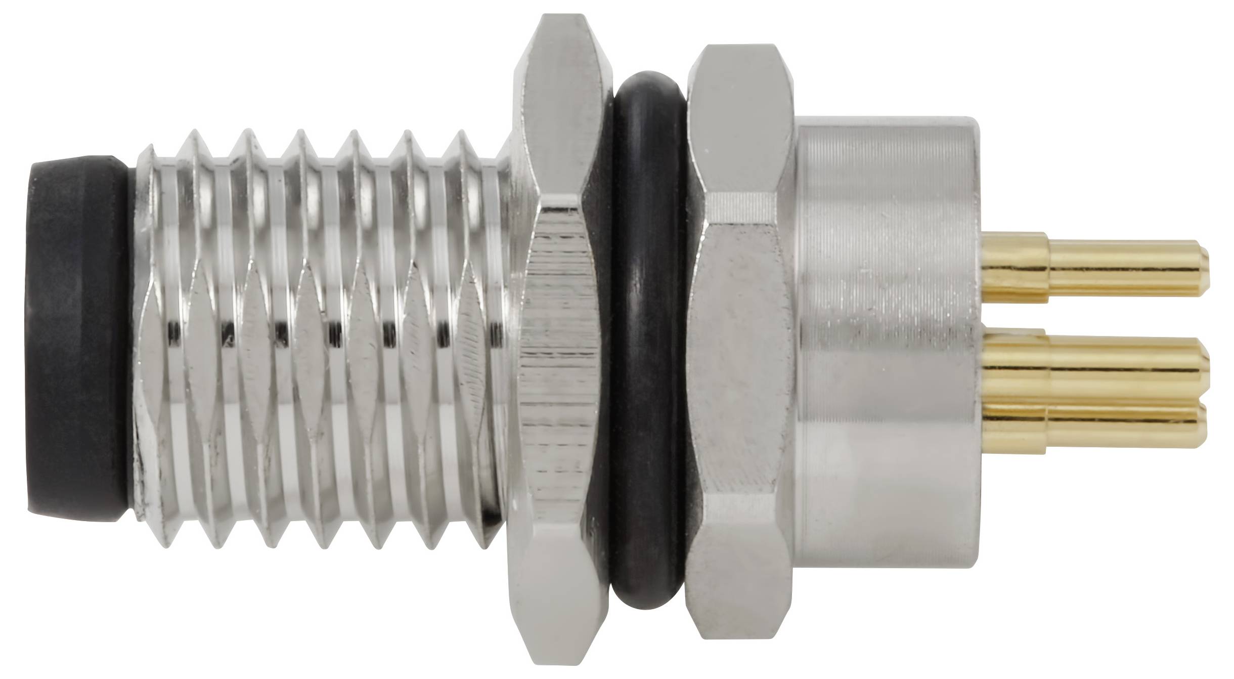 Un connettore elettrico metallico con corpo filettato, guarnizione in gomma nera e tre pin dorati su un'estremità, progettato per un fissaggio sicuro.