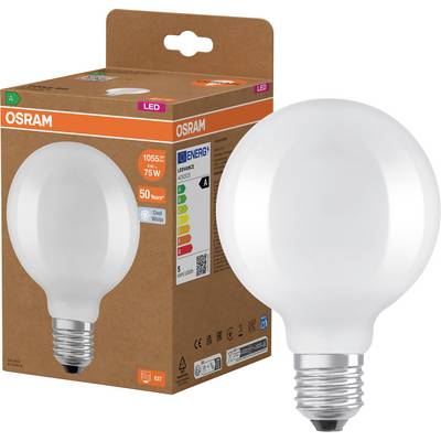 Immagine del prodotto di una lampadina LED OSRAM con scatola retail marrone e una grande lampadina bianca mostrata accanto.