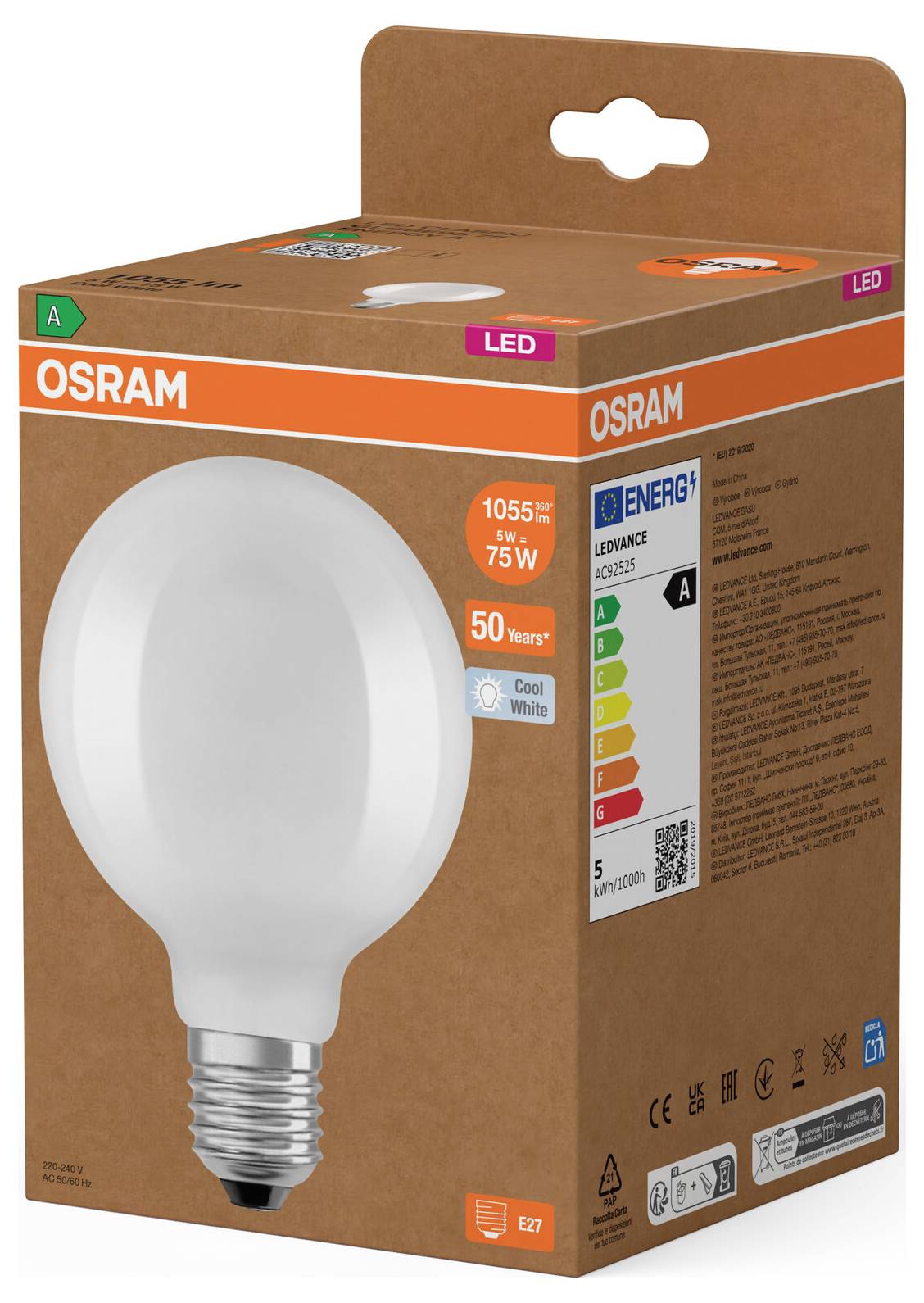 Confezione di lampadina LED OSRAM che mostra una lampadina bianco freddo equivalente a 75 W, con 1055 lm e classificazione energetica A.