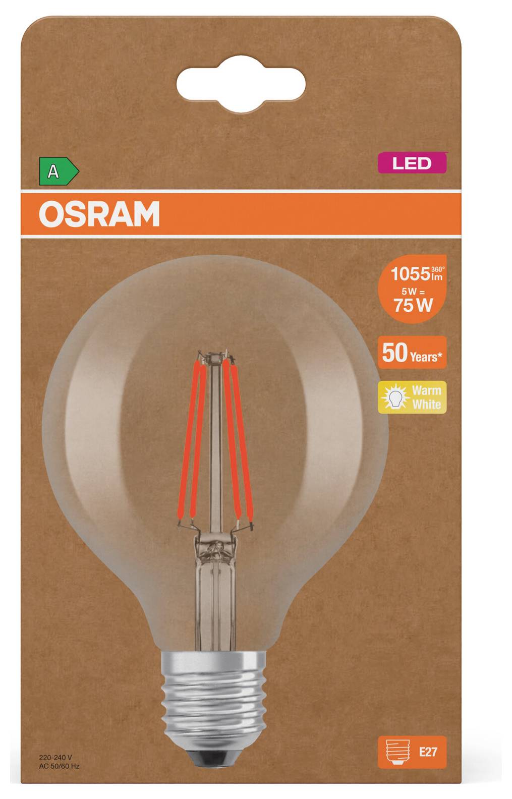 Confezione per una lampadina LED OSRAM, che mostra una lampadina di stile Edison trasparente con attacco E27, equivalente 5W/75W, 1055 lumen, bianco caldo, 50.000 ore, classe energetica A.