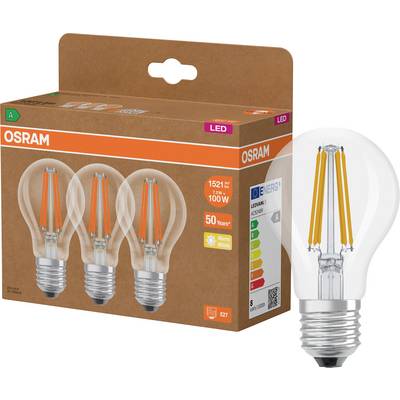 Confezione di lampadine LED OSRAM con tre bulbi in stile filamento trasparente raffigurati sulla scatola e una lampadina mostrata ingrandita accanto ad essa.
