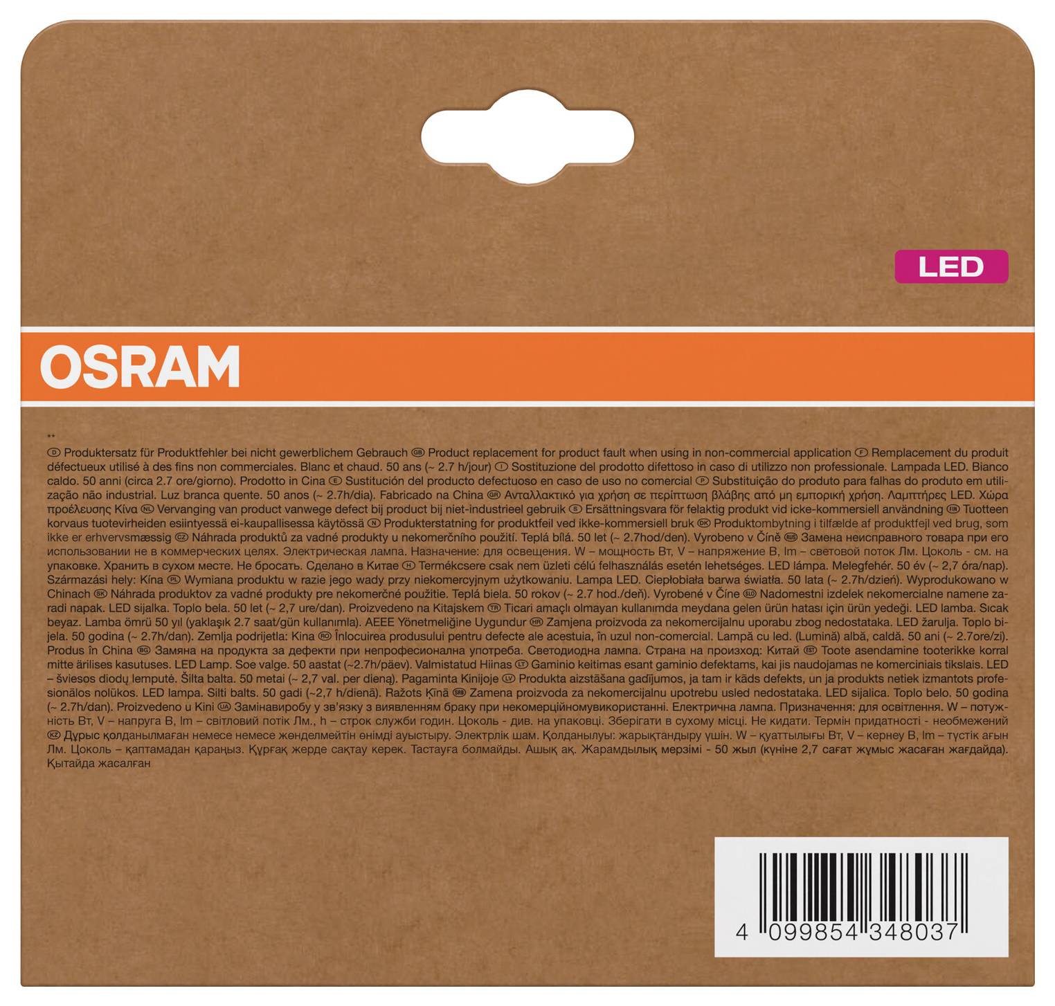 Confezione di lampadina LED OSRAM in cartone marrone con marchio arancione e etichetta con codice a barre.