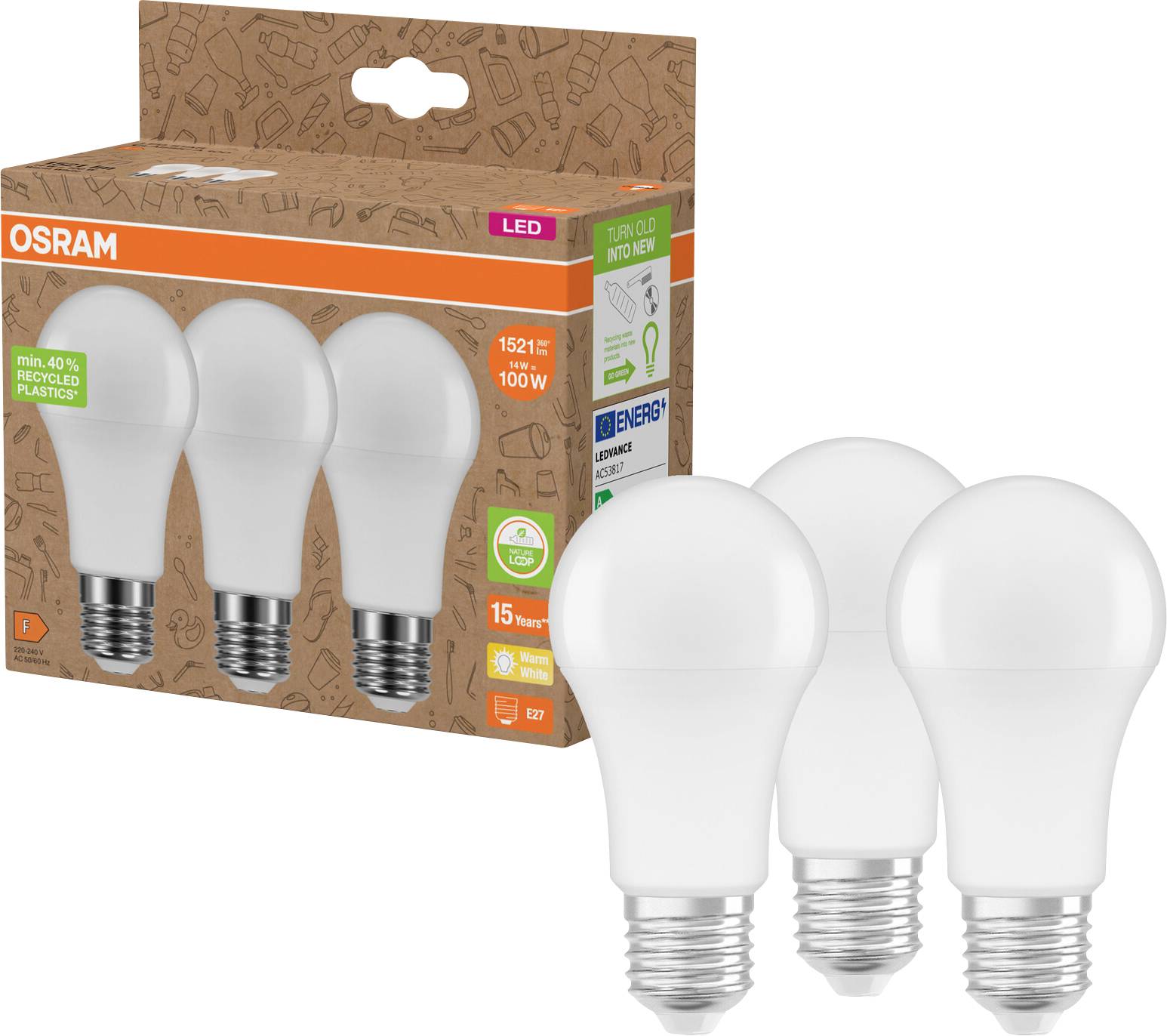 Immagine del prodotto di tre lampadine LED OSRAM mostrate accanto alla loro confezione di vendita, etichettate 15,2W e equivalenti a 100W con attacco E27 e fino a 15 anni di durata.