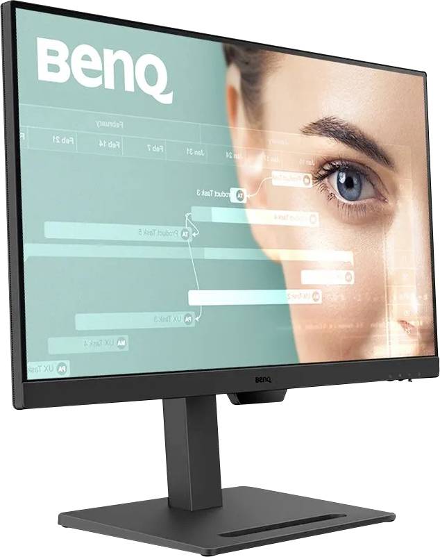Un monitor del computer che mostra un primo piano del volto di una donna sul lato destro, con grafica digitale e il logo 'BenQ' in alto a sinistra.