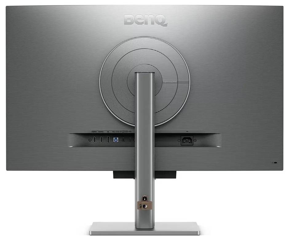 Vista posteriore di un monitor grigio BenQ che mostra il supporto, il design circolare posteriore e le porte per la connettività.
