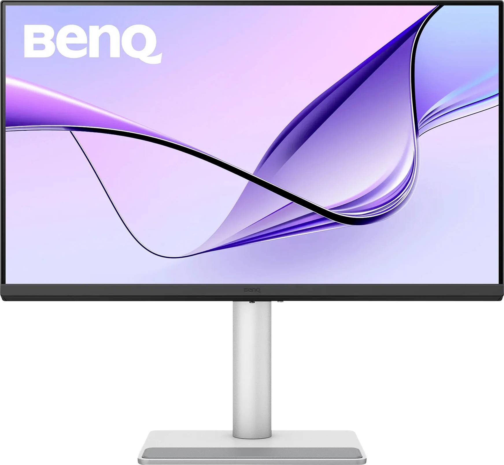Un monitor per computer BenQ dal design elegante è esposto su un supporto sullo sfondo di un gradiente viola e rosa.
