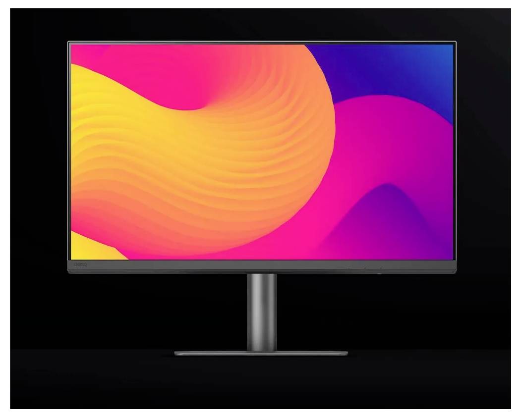 Un monitor elegante con uno sfondo astratto vibrante e colorato in tonalità di rosa, giallo e blu su uno sfondo nero.