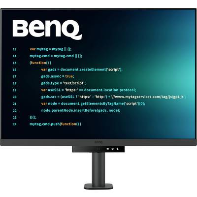 Un monitor del computer che mostra del codice relativo alla creazione e configurazione di un tag script per servizi pubblicitari, con il marchio 'BenQ' visibile.