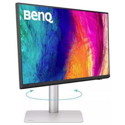 Monitor BenQ con display a colori vivaci, supporto regolabile argentato e marchio nell'angolo in alto.