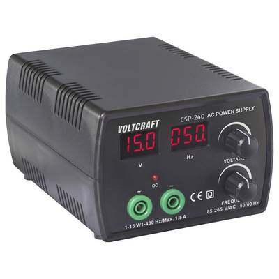 Un'unità di alimentazione nera con display digitali che mostrano "15,0 V" e "50 Hz". Dispone di controlli per l'regolazione della tensione e della frequenza.