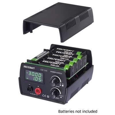 Alimentatore 'Voltcraft CSP-320' con display digitale che mostra la tensione '3.000' e la corrente '1.05'. Batterie non incluse.