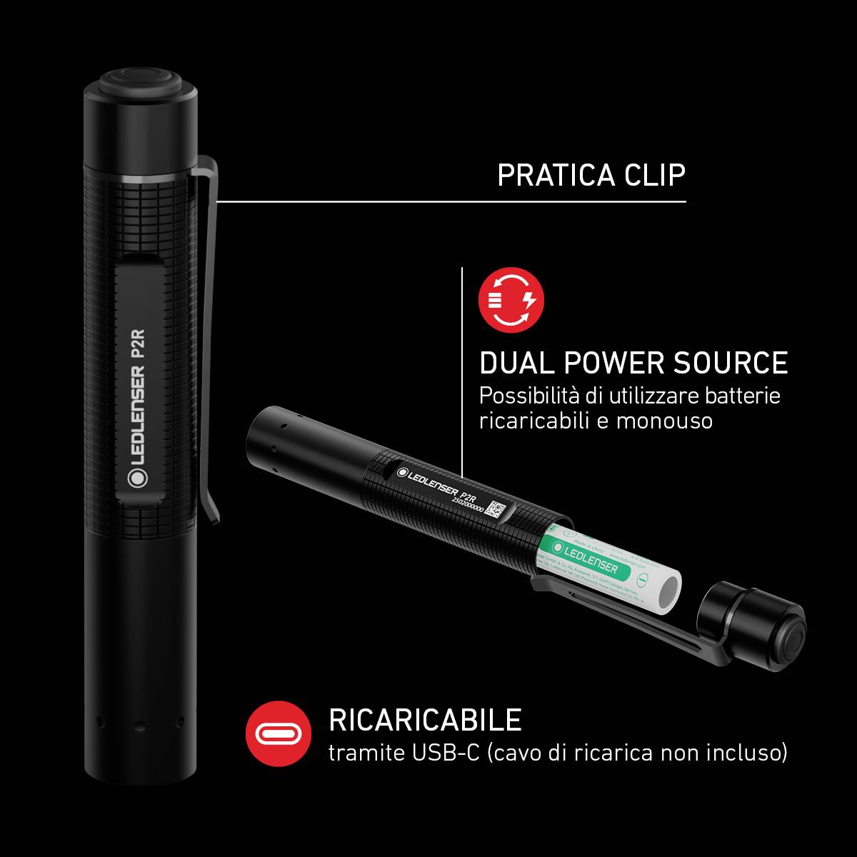 'Torcia con clip pratica, opzione Dual Power per batteria ricaricabile o pile. Ricaricabile tramite USB-C (cavo di ricarica non incluso).'