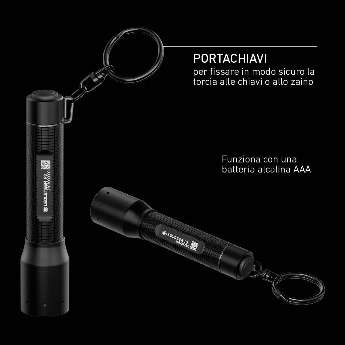 Una mini torcia elettrica nera con portachiavi e la descrizione: 'Portachiavi per un fissaggio sicuro al mazzo di chiavi o allo zaino. Funzionamento tramite batteria AAA.'