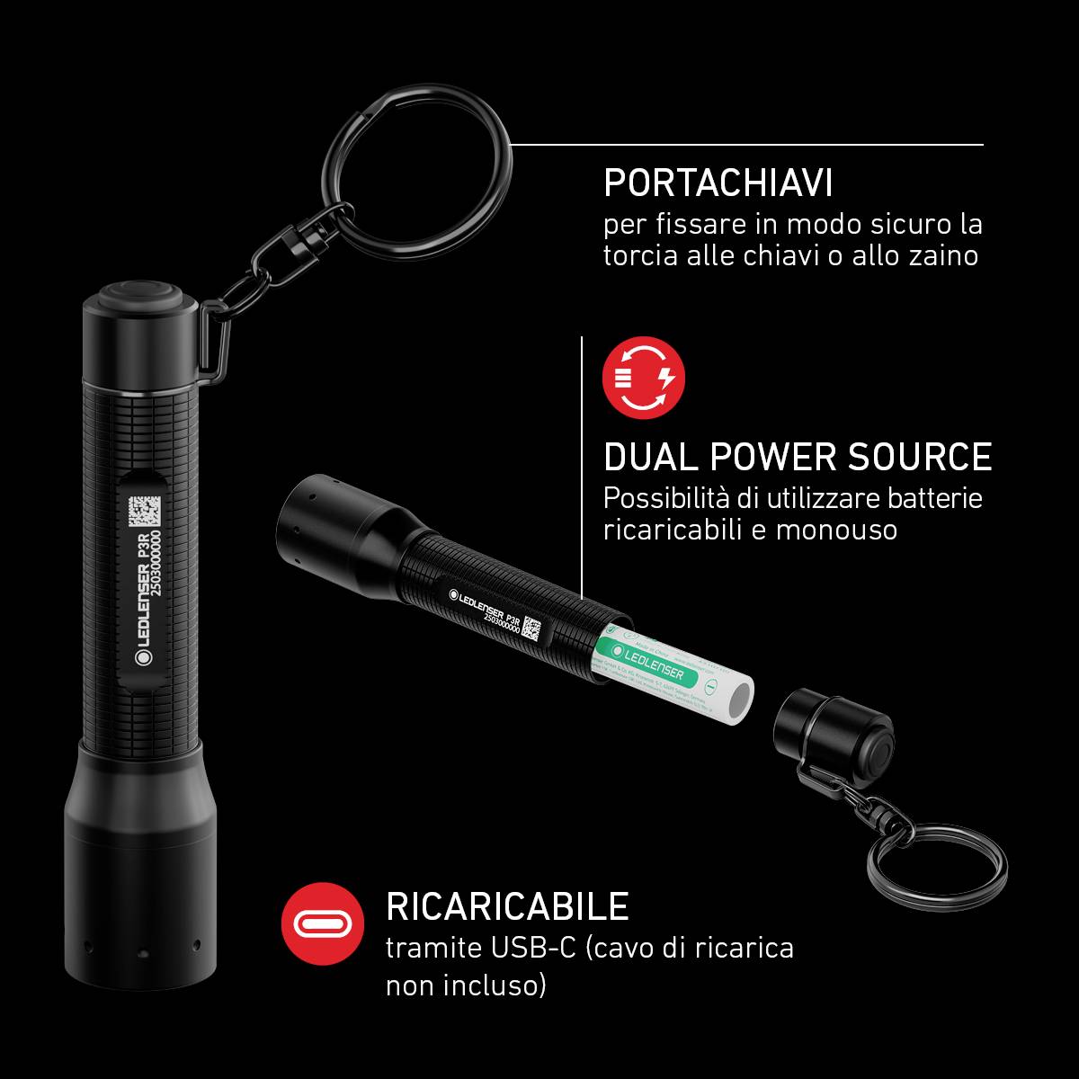 'Torcia con portachiavi, doppia sorgente di alimentazione (batteria ricaricabile/batteria), ricaricabile tramite USB-C. Testo: Portachiavi, Doppia Sorgente di Alimentazione, Ricaricabile.'