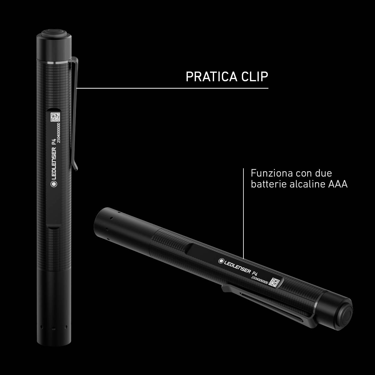 Penna torcia nera con clip, alimentata da due batterie AAA. Testo: 'Clip pratica'.