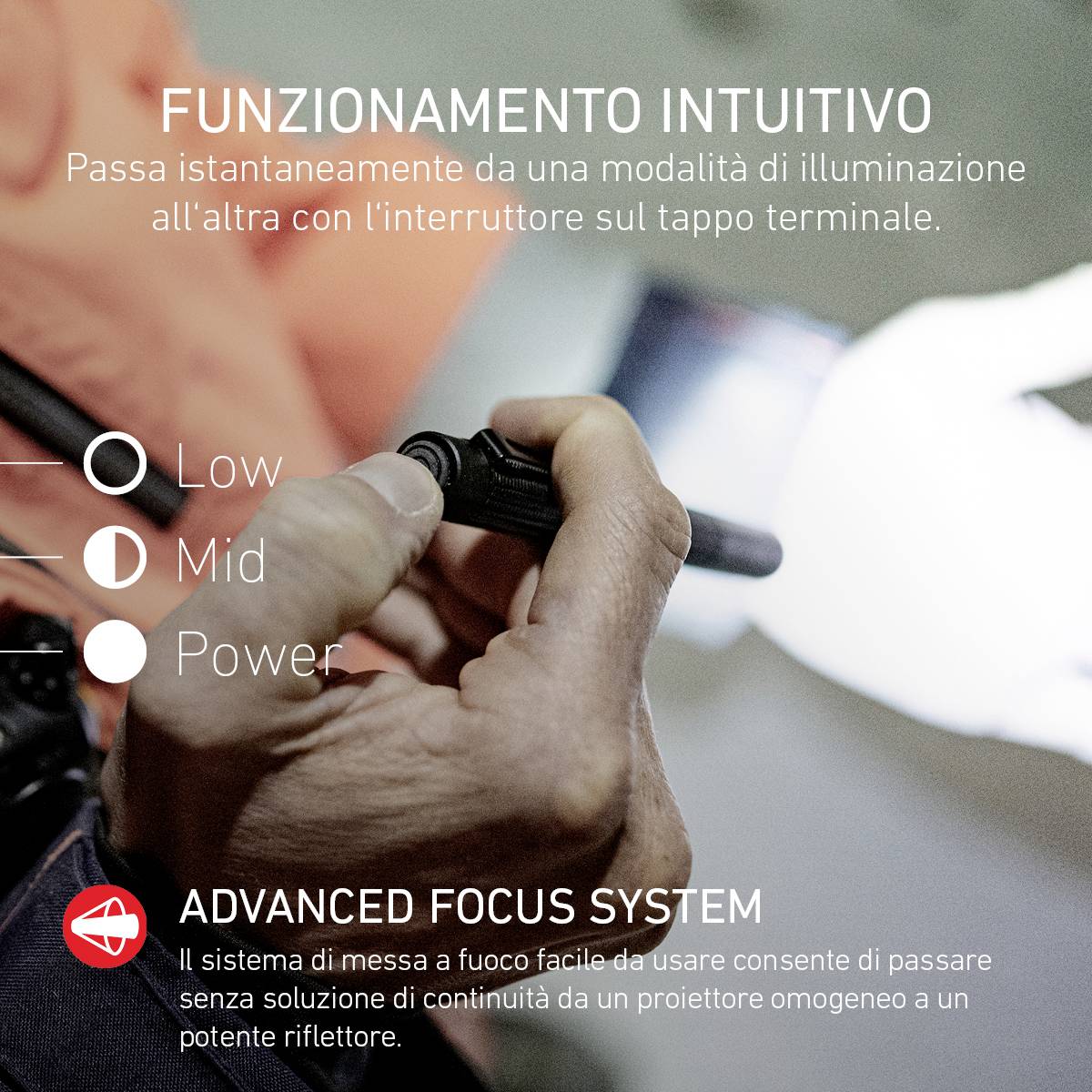 'Utilizzo intuitivo: cambio delle modalità di illuminazione tramite interruttore sulla testa. Low, Mid, Power. Sistema di Messa a Fuoco Avanzato per un fascio luminoso flessibile.'