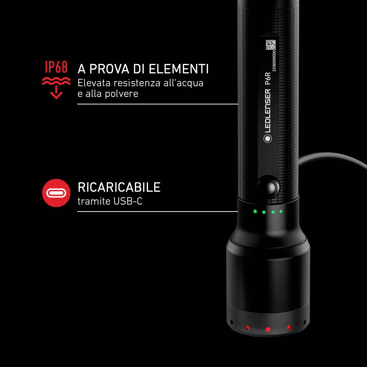 Torcia con protezione IP68 contro polvere e acqua. Ricaricabile tramite USB-C.