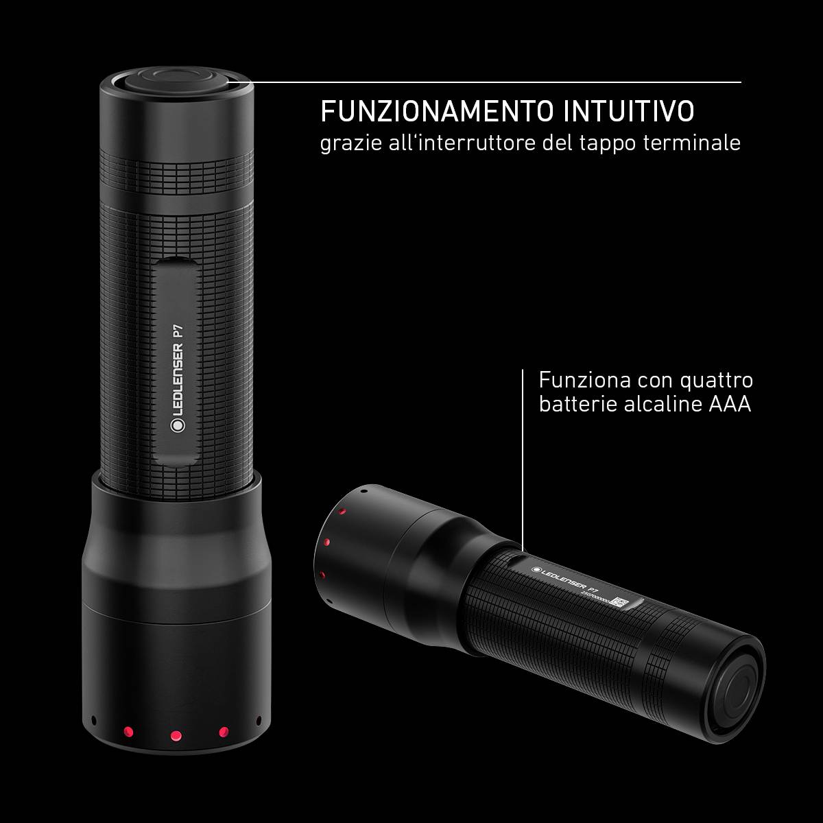 Due torce elettroniche nere a LED, una in posizione verticale, una in posizione orizzontale. Testo: 'Comando intuitivo tramite interruttore a cappuccio' e 'Funzionamento con quattro batterie AAA'.