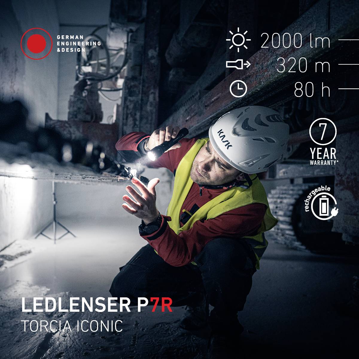 Lavoratore con casco che verifica una torcia LED in un ambiente industriale buio. Testo: 'LEDLENSER P7R Torcia iconica'. Simboli mostrano potenza luminosa e garanzia.
