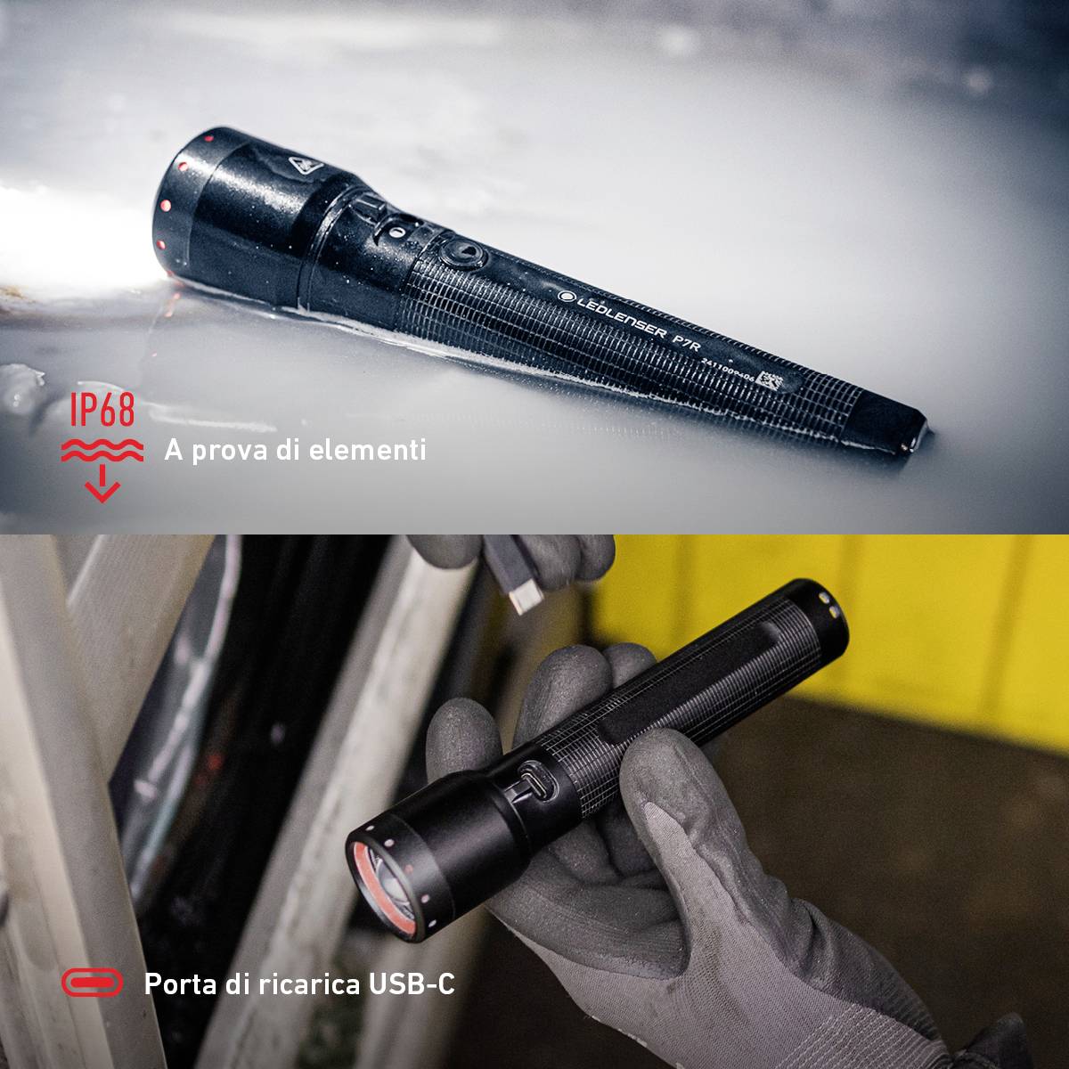 'Torcia elettrica con certificazione IP68 poggiata su superficie bagnata. L'immagine in basso mostra la porta di ricarica USB-C e una persona che tiene la lampada.'