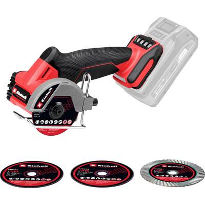 Una sega circolare mini cordless compatta rossa e nera con tre diverse lame, che enfatizza la versatilità nei compiti di taglio.