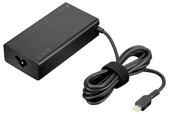 Un adattatore di alimentazione nero da 100W con un cavo arrotolato e un connettore USB-C, idoneo per la ricarica di dispositivi elettronici come laptop.