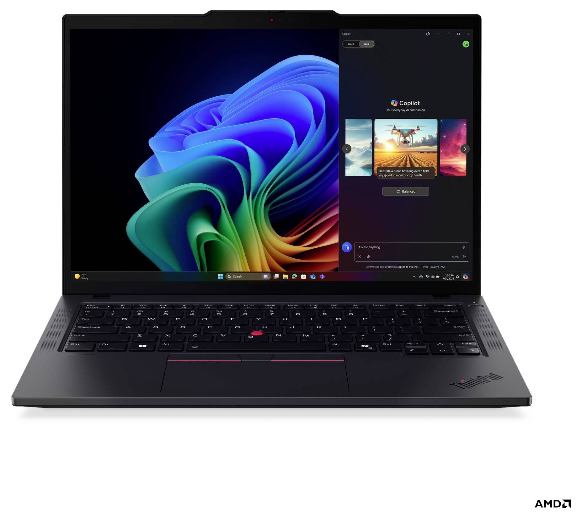 Un laptop con uno schermo che mostra uno sfondo astratto colorato, con una barra laterale aperta. Il dispositivo presenta un logo 'ThinkPad' e un logo AMD.