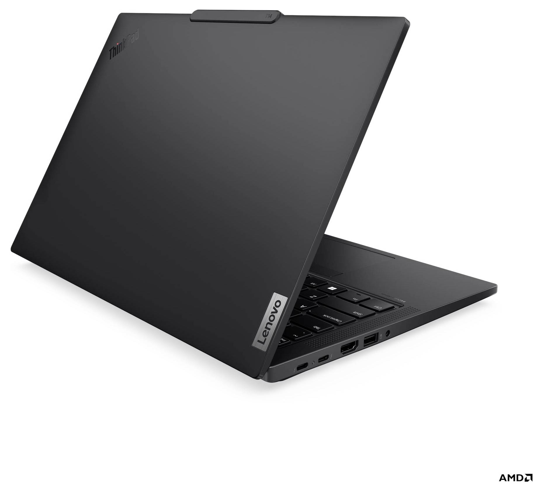 Un laptop parzialmente aperto, di marca Lenovo, con i suoi porte laterali visibili, di colore nero.