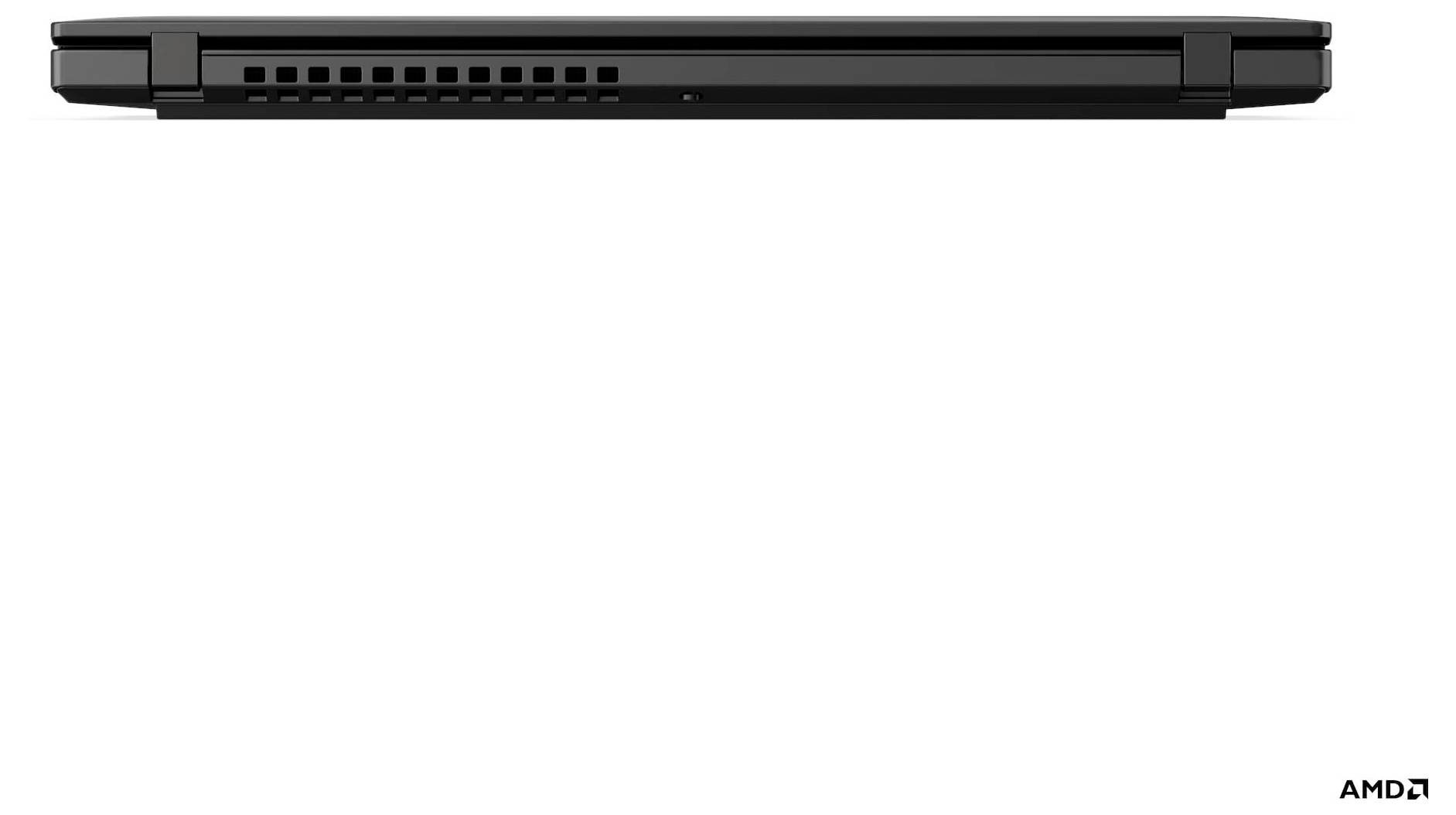 Vista laterale di un laptop nero chiuso, con messa a fuoco sulla griglia di ventilazione. Il laptop è posizionato su uno sfondo bianco con un logo AMD in basso.