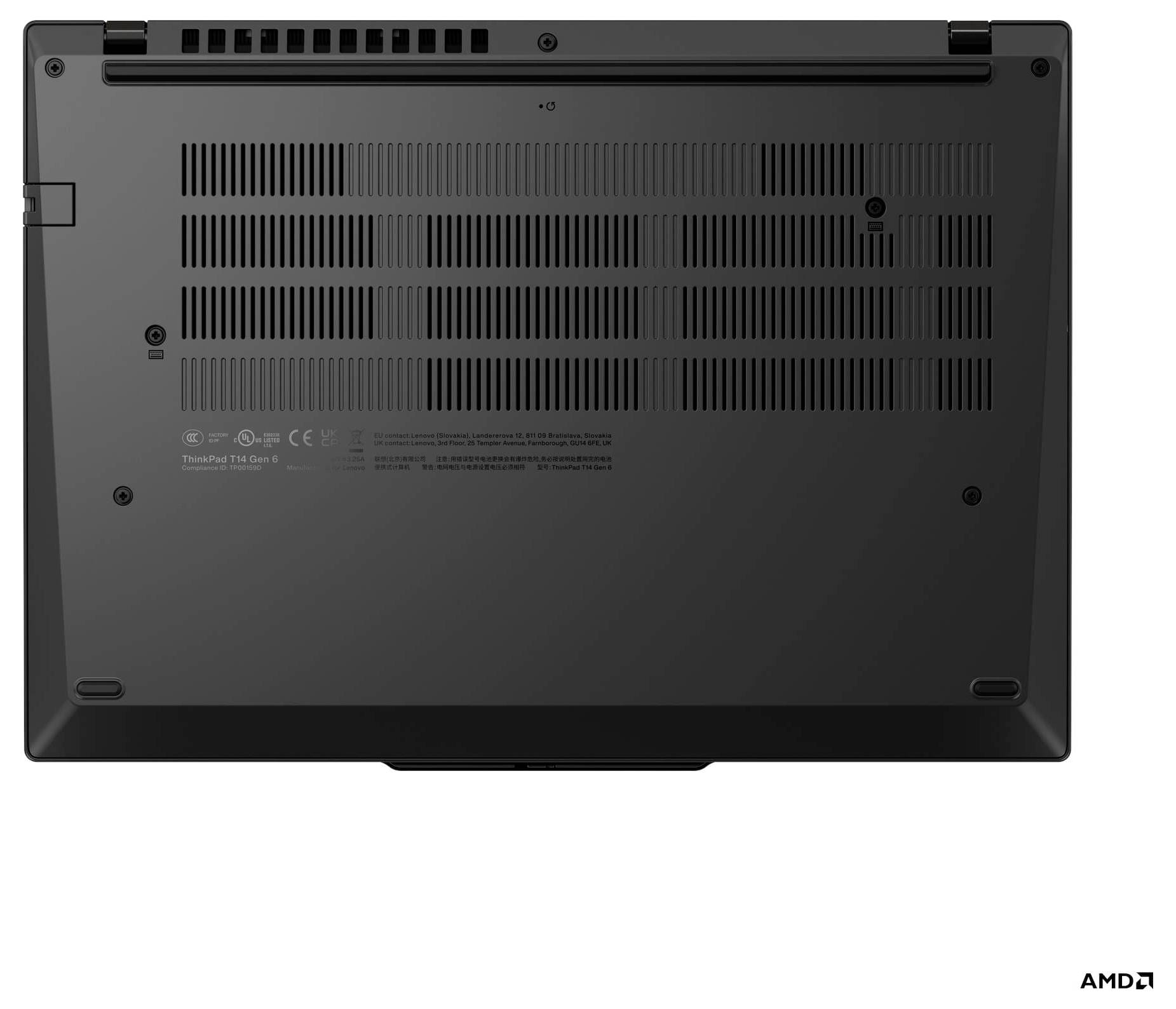 L'immagine mostra il lato inferiore di un laptop, con griglie di ventilazione e vari simboli o marcature.