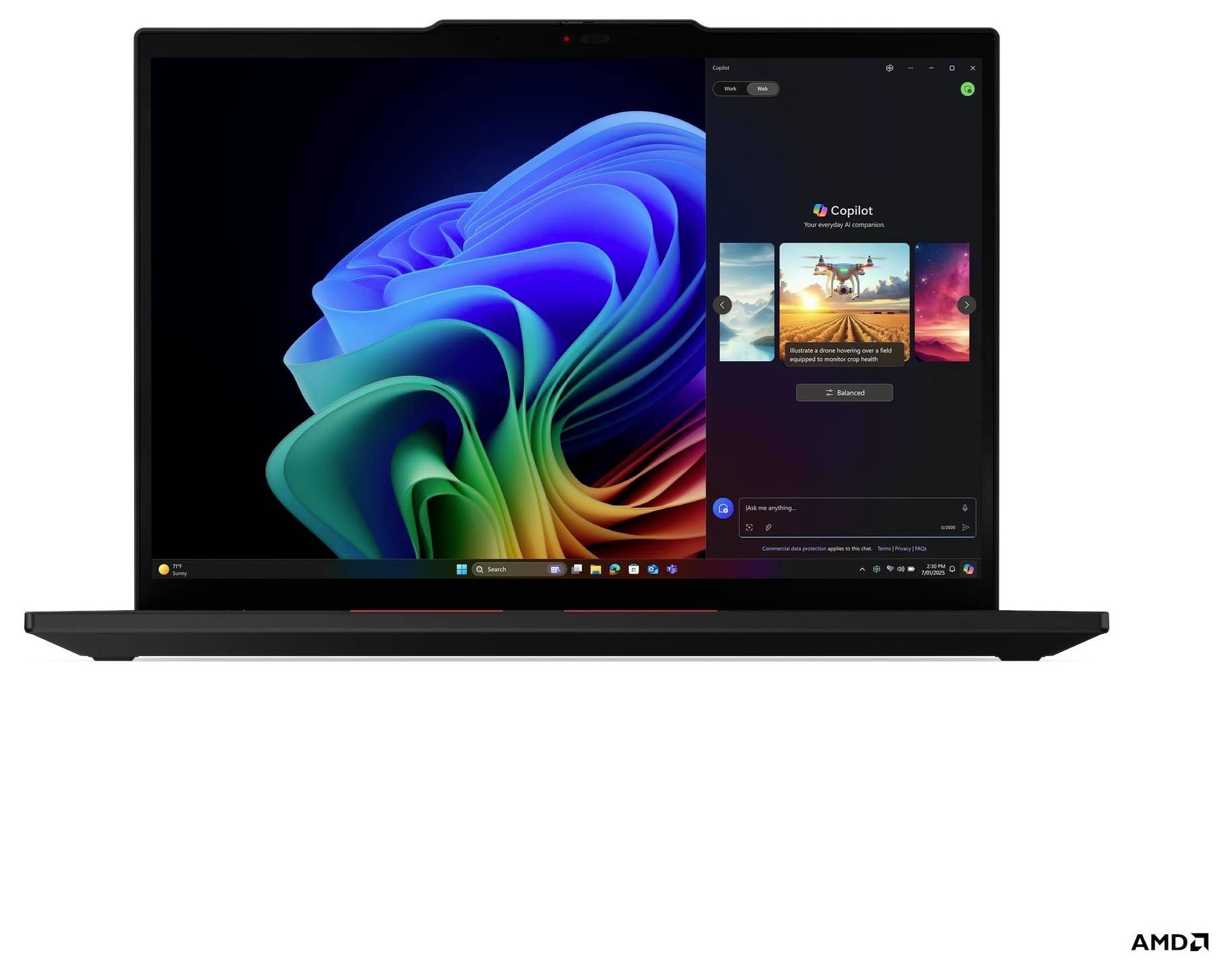 Un laptop che mostra uno sfondo astratto colorato e un'interfaccia di un'applicazione musicale sul lato destro dello schermo.