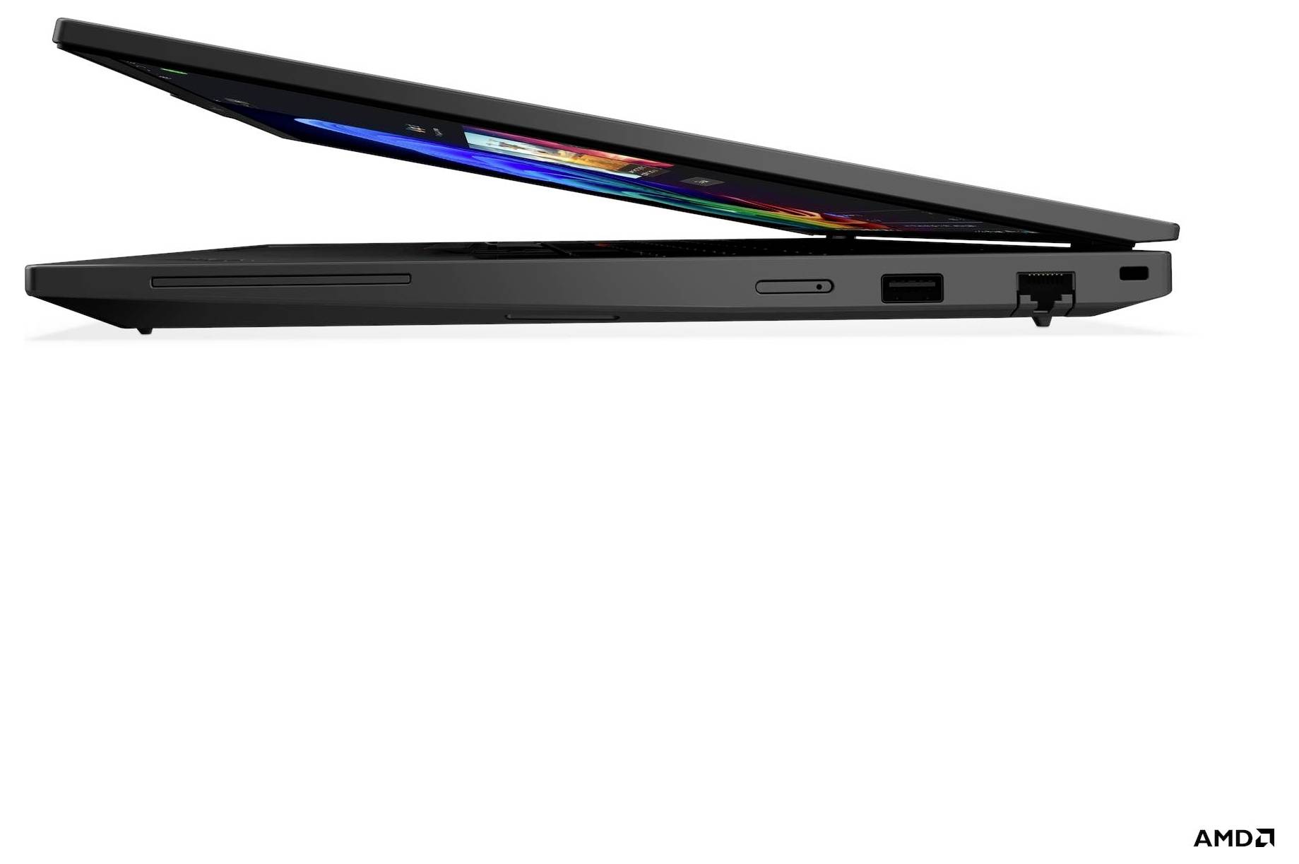 Un laptop sottile parzialmente chiuso, visto di lato. Lo schermo mostra grafica colorata. Un logo AMD è visibile in basso a destra.