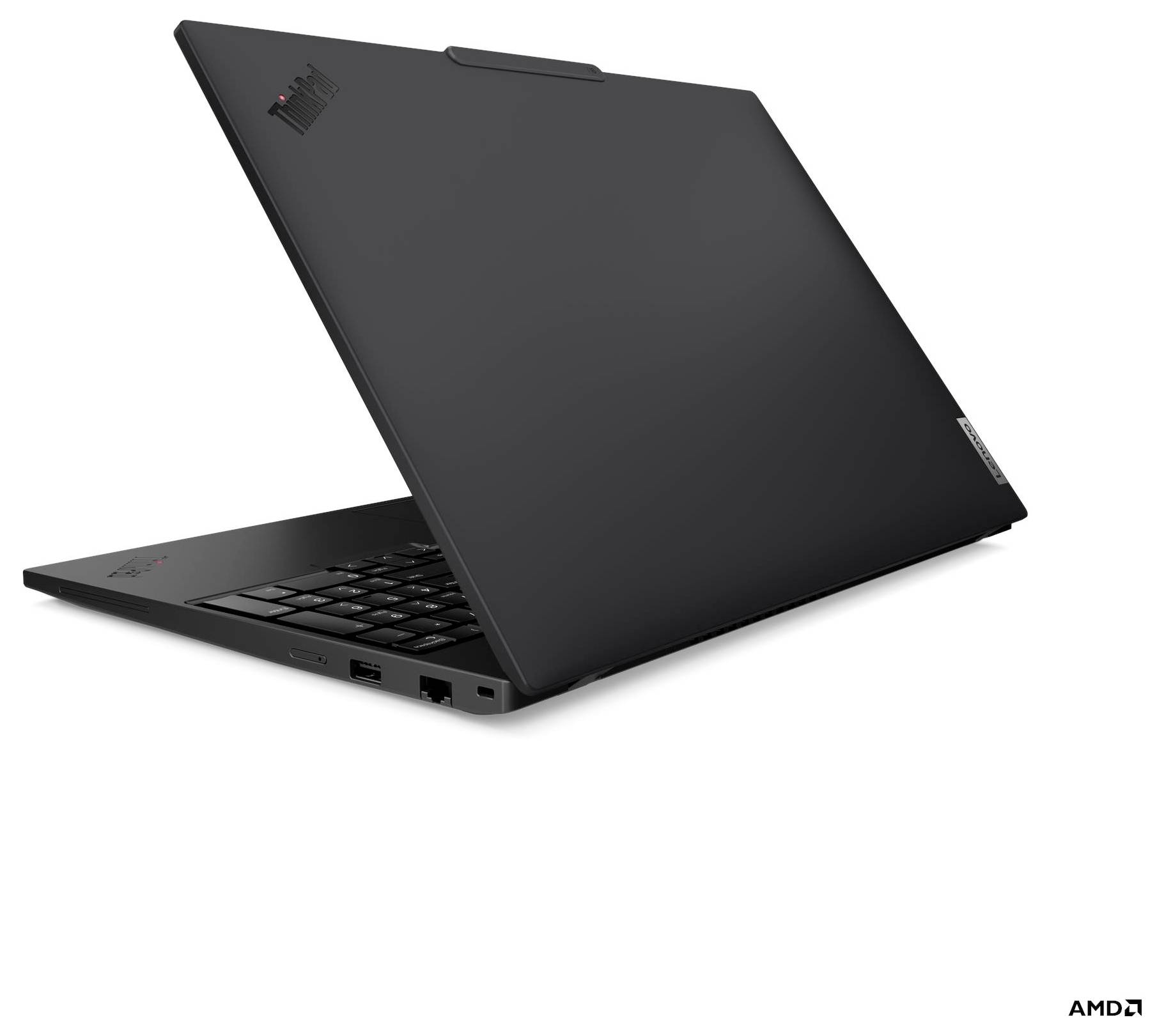 Un elegante laptop nero parzialmente aperto, che mostra la parte posteriore e il lato. Il logo Lenovo e le porte sono visibili sul pannello laterale.