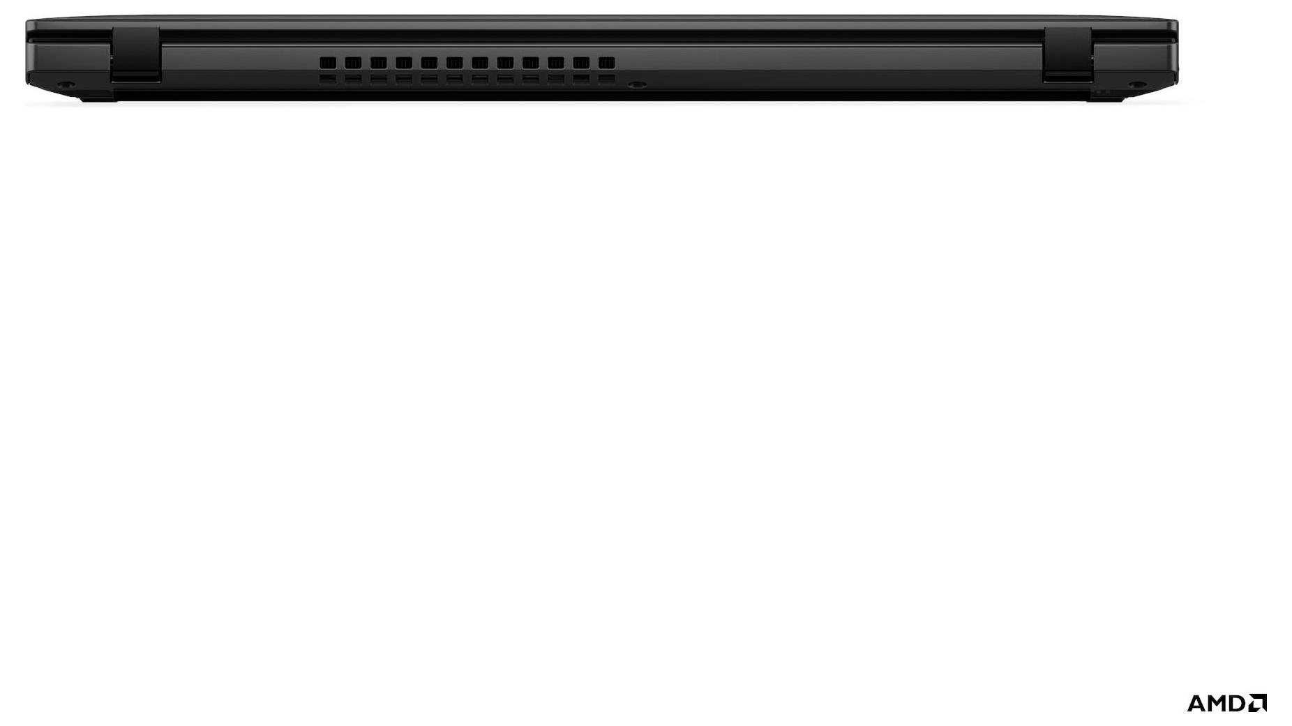 Laptop nero chiuso, vista laterale, che mostra le prese d'aria e le cerniere. Logo 'AMD' nell'angolo in basso a destra.