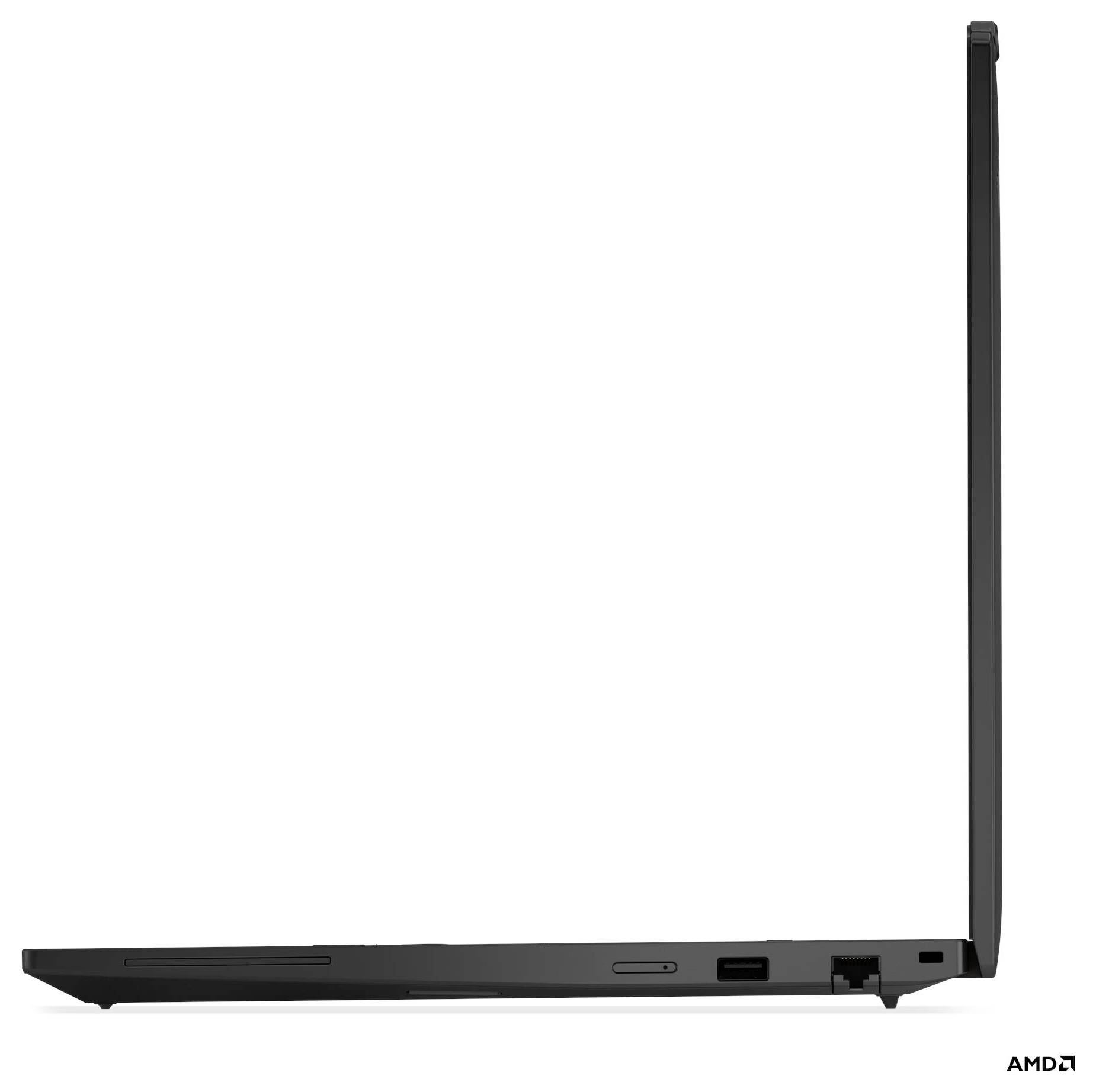 Vista laterale di un laptop nero sottile, parzialmente aperto, che mostra le porte e un design minimalista. Loghi minimi posizionati discretamente.