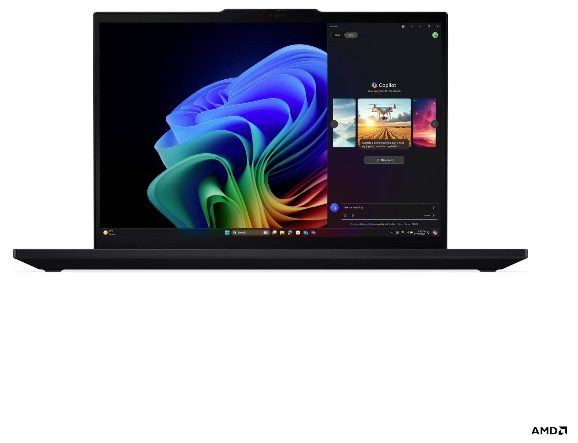 Un laptop che mostra un desktop Windows colorato e un'applicazione di chat con miniature di immagini sul lato destro dello schermo.