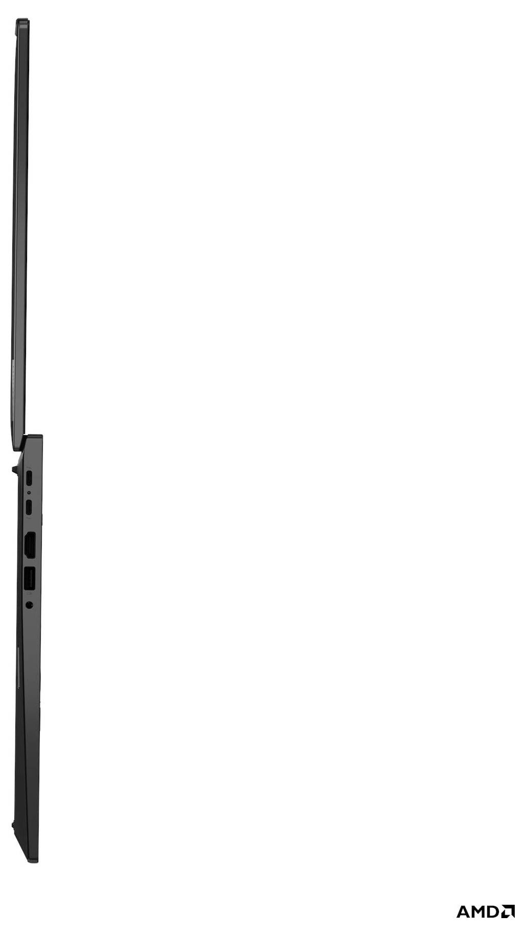 Vista laterale di un laptop sottile e aperto che mette in mostra il suo profilo sottilissimo. Lo schermo e la tastiera sono appena visibili, evidenziando il suo design elegante.