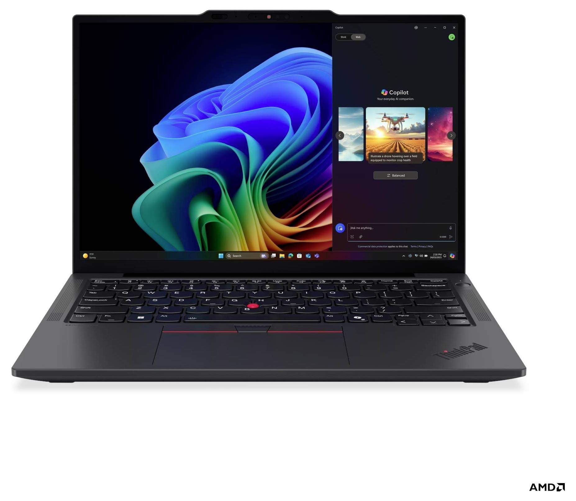 Un elegante laptop nero che mostra il sistema operativo Windows, con uno sfondo astratto e colorato e una finestra con un'interfaccia utente sullo schermo.