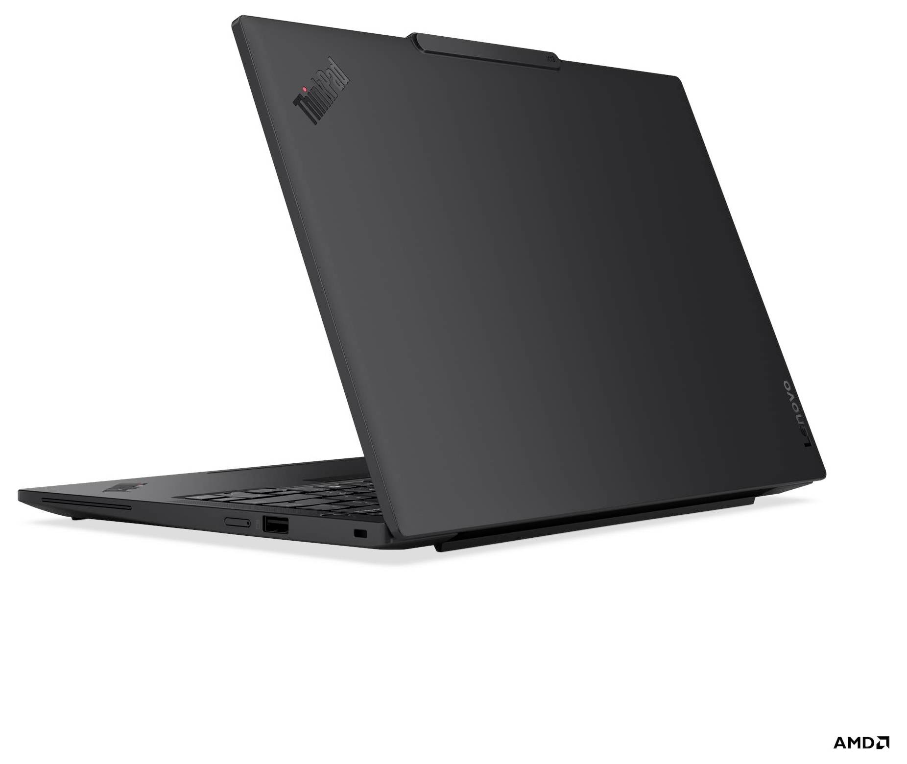 Un laptop nero parzialmente chiuso, visto dall'angolo posteriore, con un design minimalista e un piccolo logo sul coperchio.
