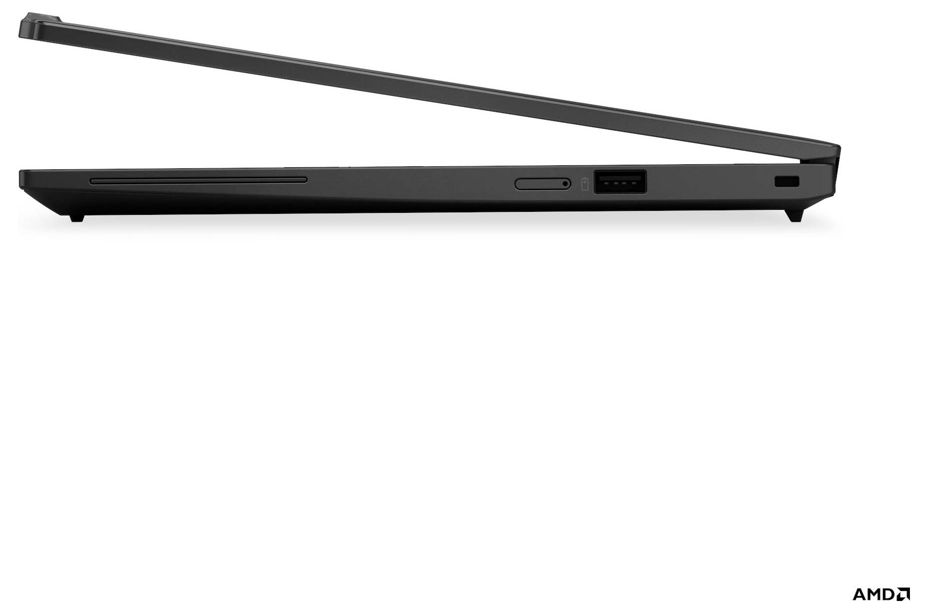 Un laptop sottile, parzialmente aperto, visto di lato, che mostra il suo design elegante. Il logo AMD è visibile nell'angolo in basso a destra.