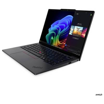 Un laptop con un display variopinto che mostra un desktop digitale e una barra laterale con applicazioni aperte; tastiera e touchpad visibili.