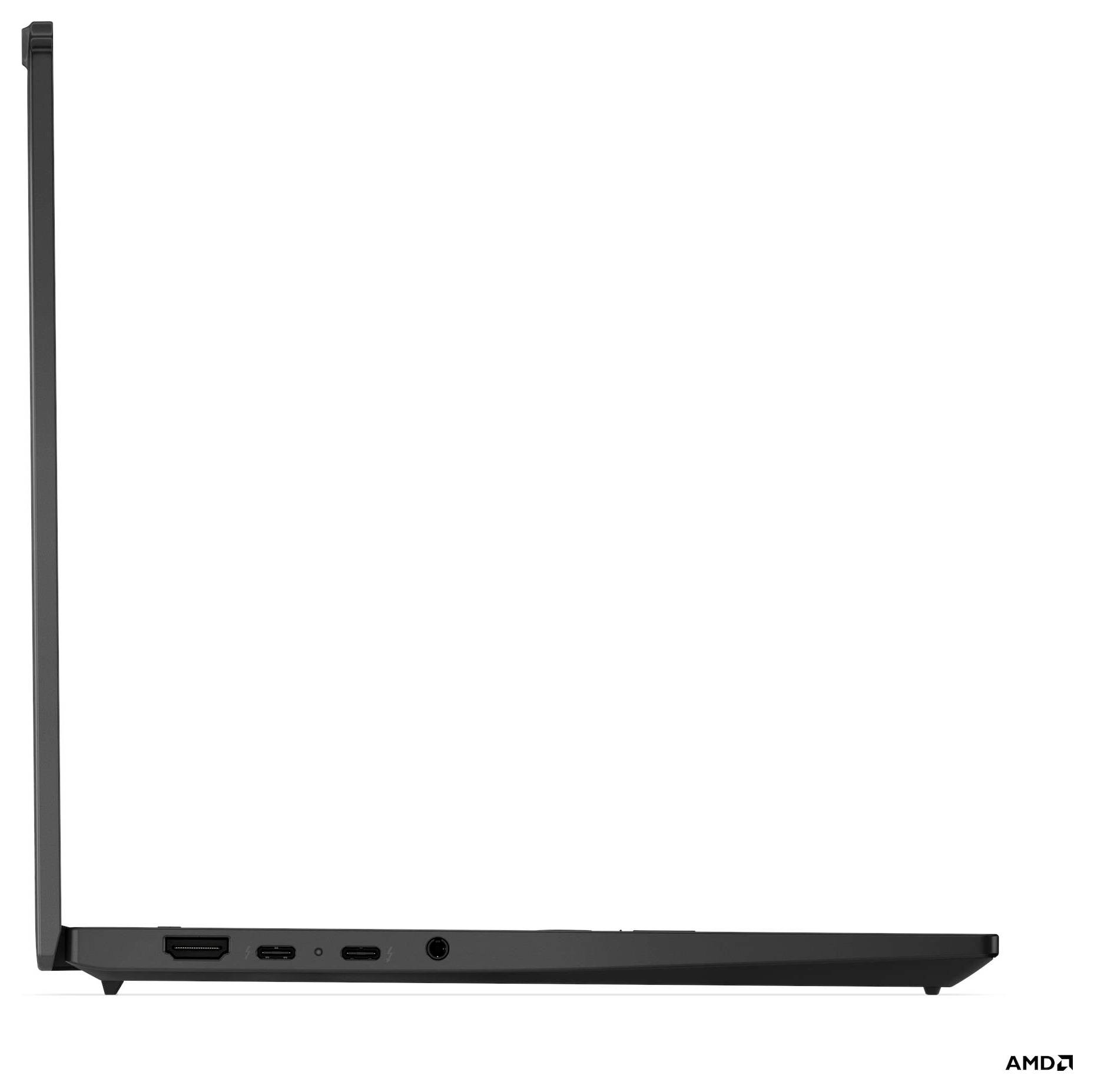 Un laptop sottile, visto di lato, con i suoi porti lungo il bordo. Lo schermo è parzialmente visibile.